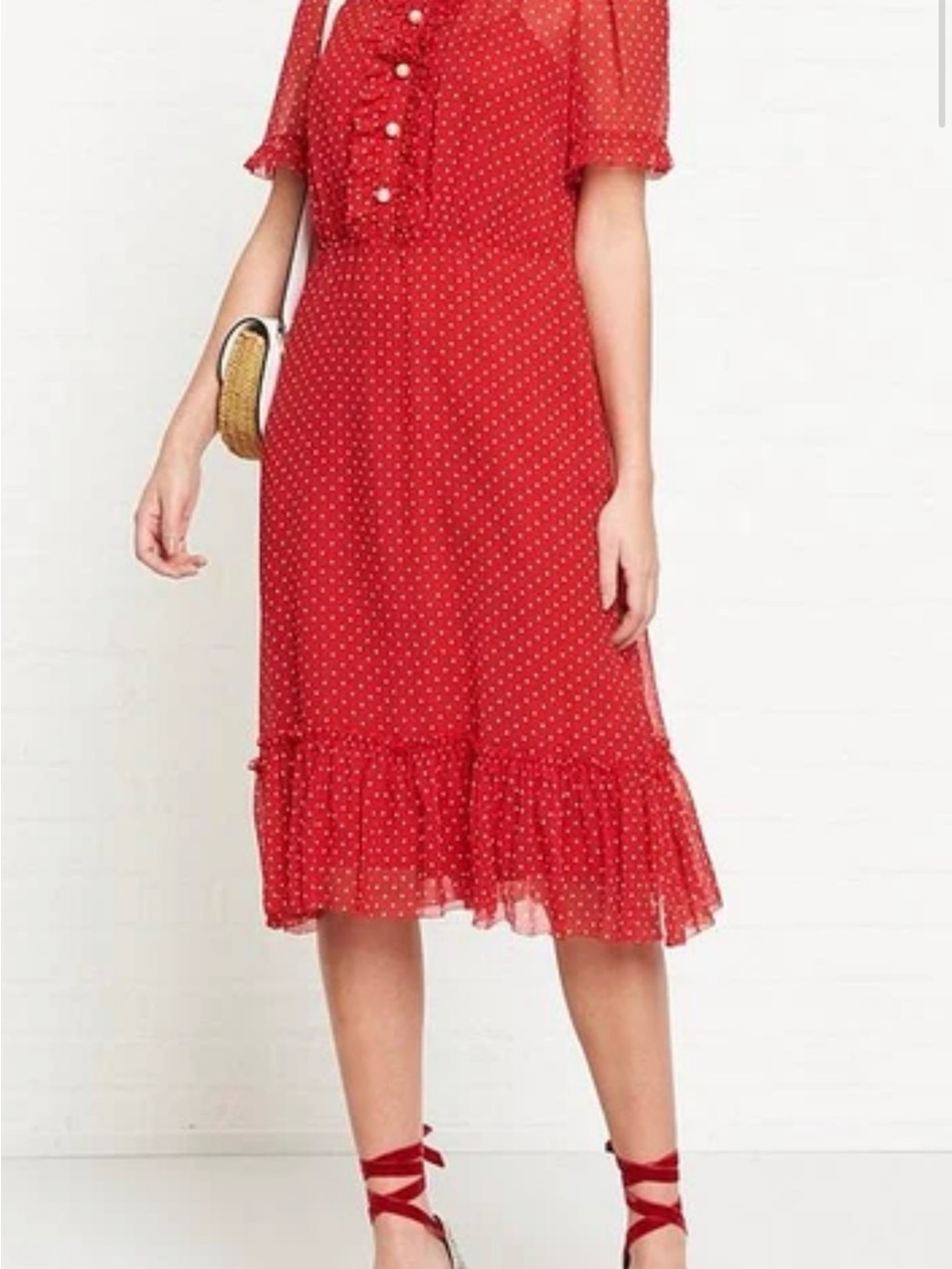 LK Bennett Red Polka Dot Midi Dress with Ruffle Hem